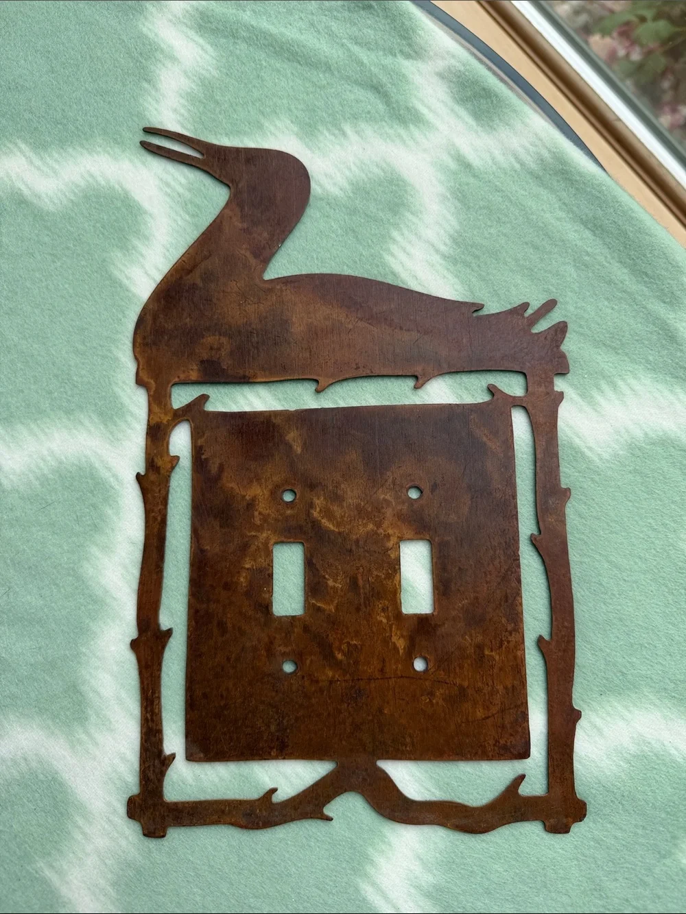 Handmade Laser cut Rust Brown Metal Heron Double Switch Plate